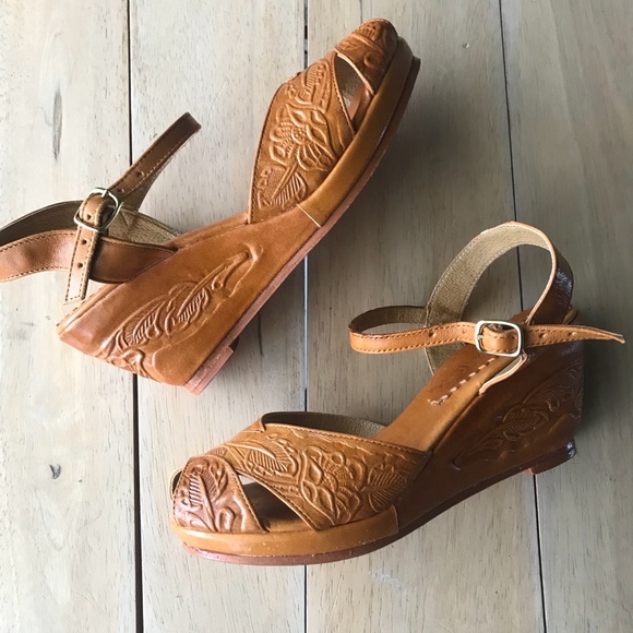 tooled leather wedge sandals